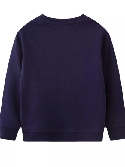 Flat lay of the back of navy blue round neck sweatshirt for kids.