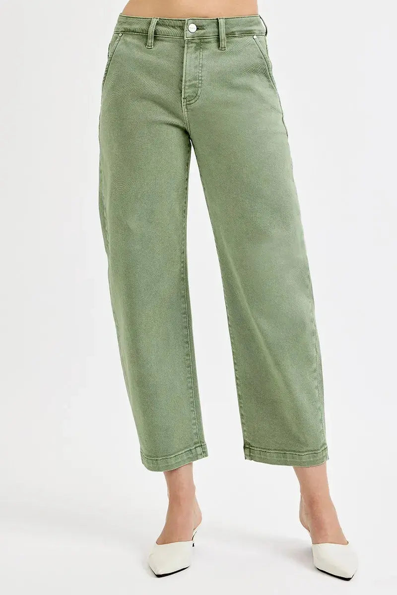 Plus size tummy control olive crop barrel jeans front view