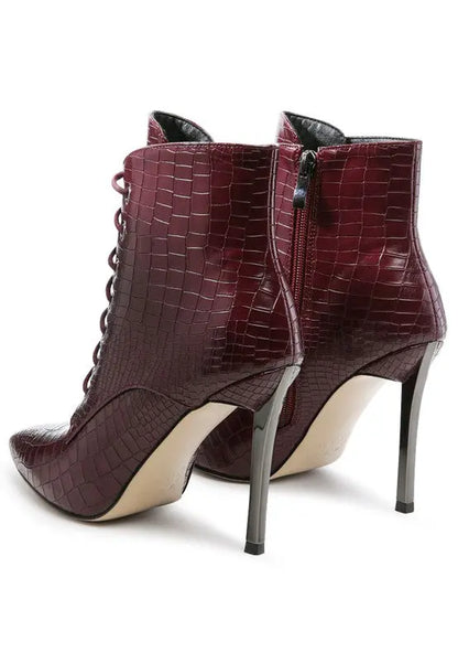 Side and back view of burgundy croc lace-up stiletto boot with zipper closure.