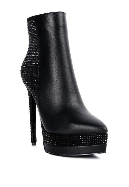 Front view of black platform stiletto ankle boots with diamante detail.