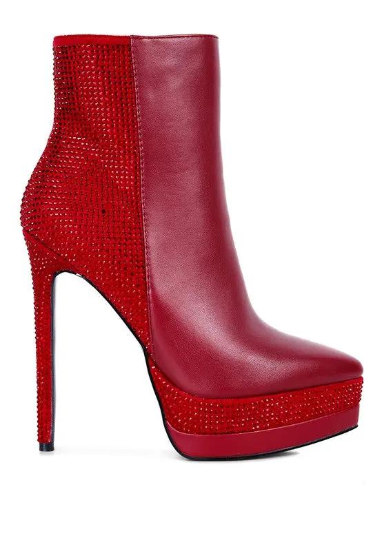 Side view showing diamante embellishments on heel and panel in red.