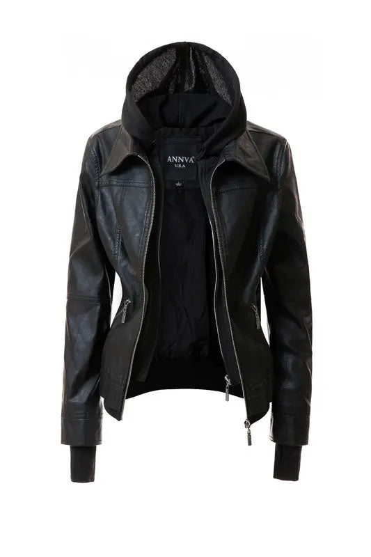 Black hooded PU leather jacket styled with long sleeves and front pockets.