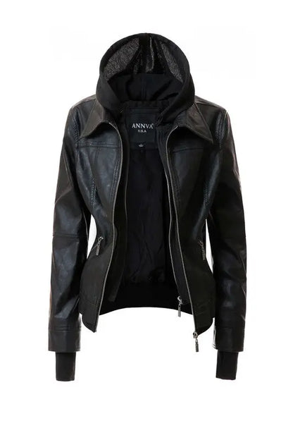 Black hooded PU leather jacket styled with long sleeves and front pockets.