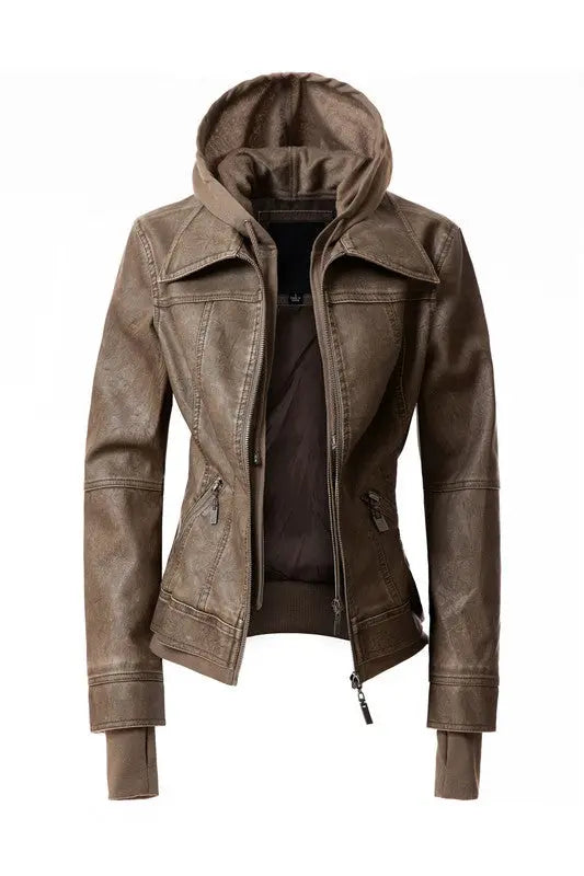 Front view of women’s hooded faux leather jacket in brown with zipper closure.