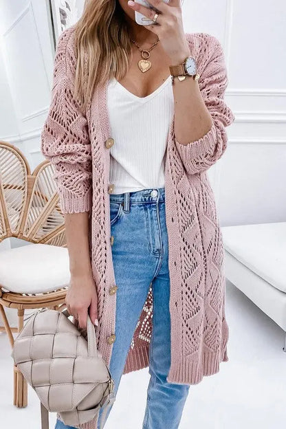 Eyelet sweater cardigan layered over outfit in pink