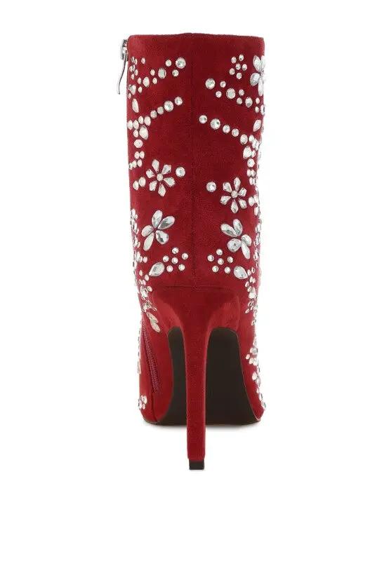 Back view of red rhinestone stiletto boots with zipper closure.
