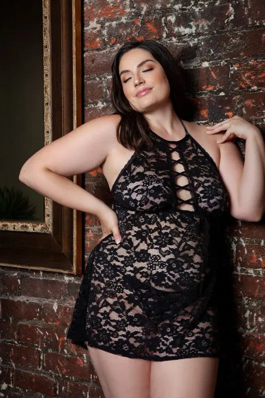 Plus size black lace chemise with lace up front view