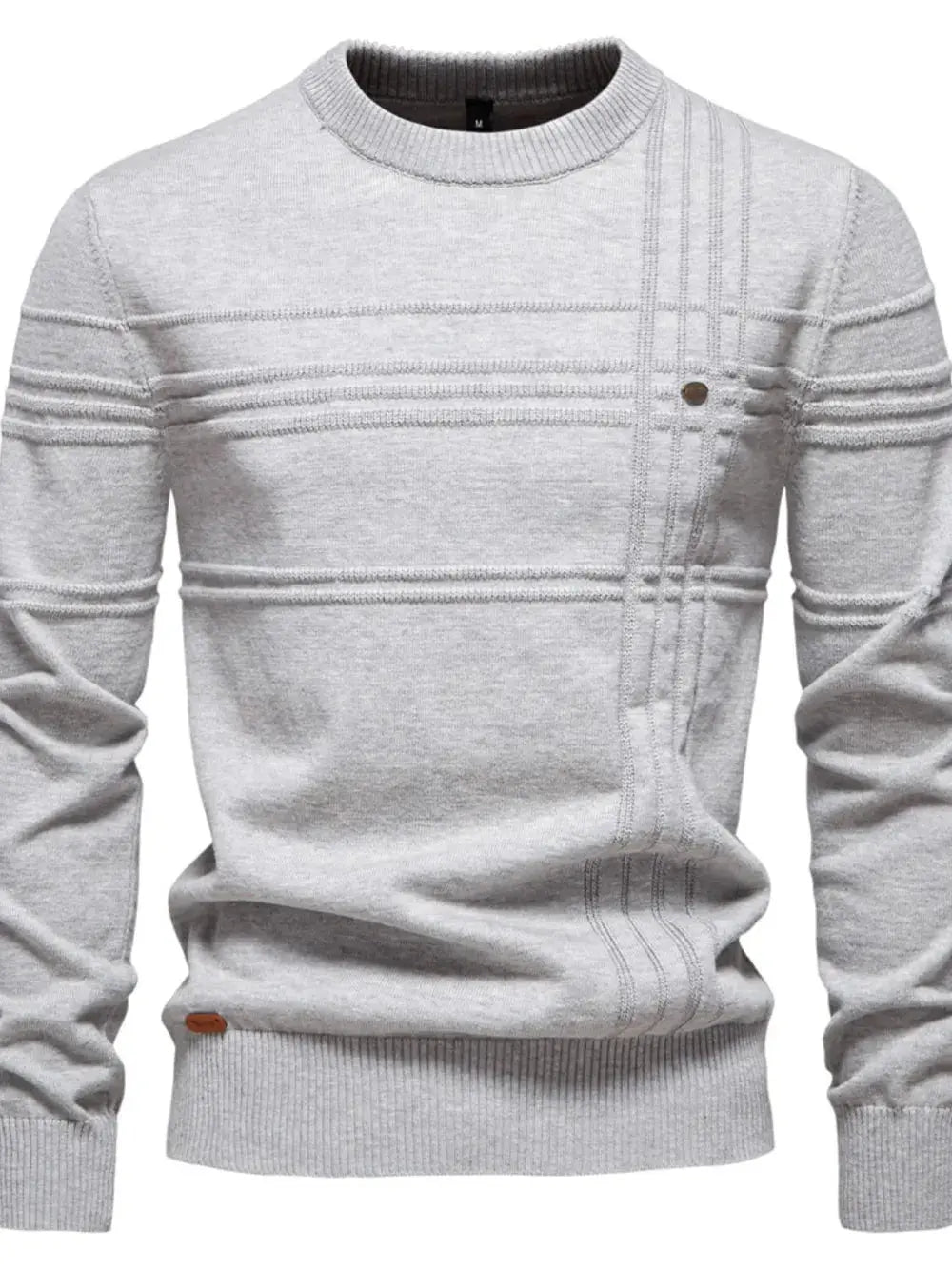 Men’s Round Neck Striped Sweater in Gray.