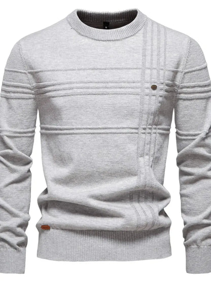 Men’s Round Neck Striped Sweater in Gray.