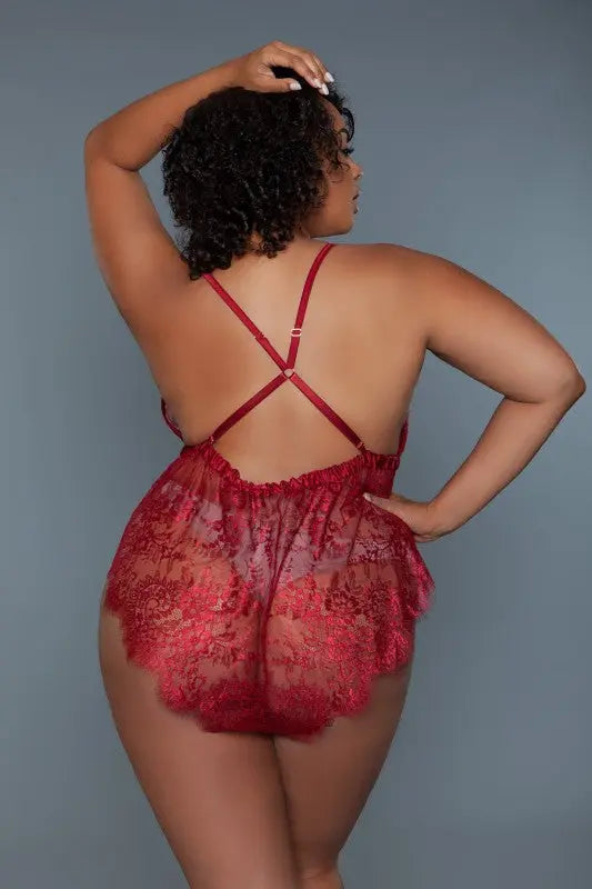 Back view of plus size lace teddy with crisscross straps