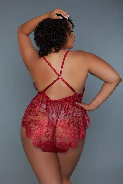 Back view of plus size lace teddy with crisscross straps
