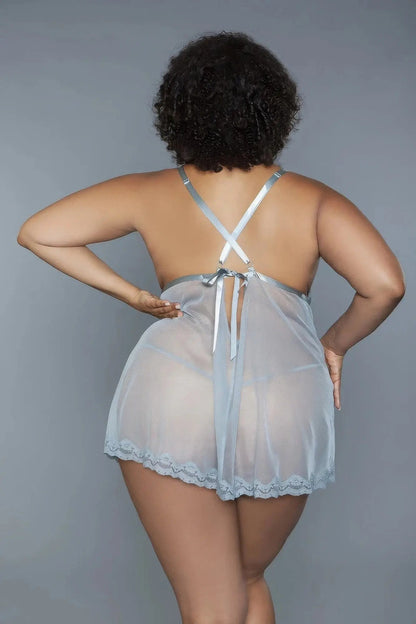 2 Pc Unlined Lace Cups Babydoll Sheer Mesh And Lace Front Panels Design - Couture Envy