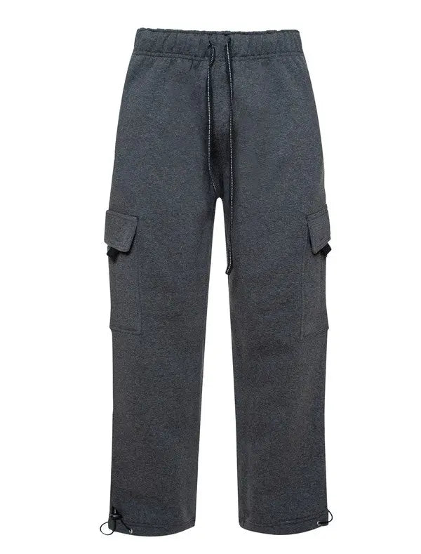 Relaxed fit fleece cargo pant's front view in charcoal