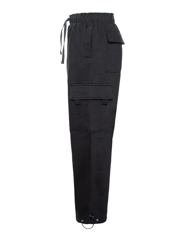 Heavyweight fleece cargo pants in black with side pockets - side view