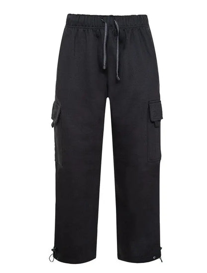 Heavyweight fleece cargo pants in black with side pockets - front view