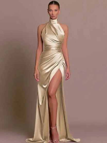 Champagne satin-look halter slit dress displayed front view.