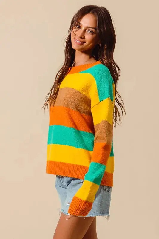 Side view of multi-color stripe sweater – ribbed detail