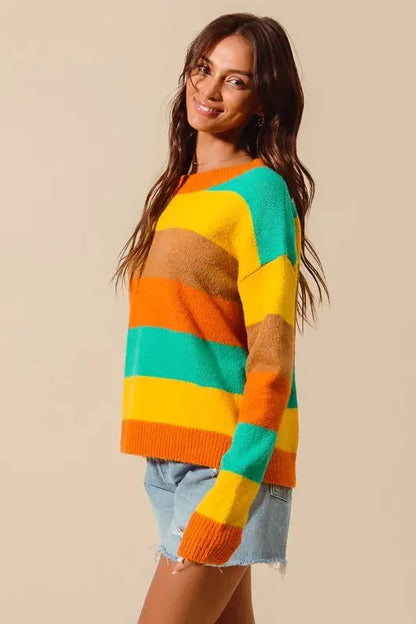 Side view of multi-color stripe sweater – ribbed detail