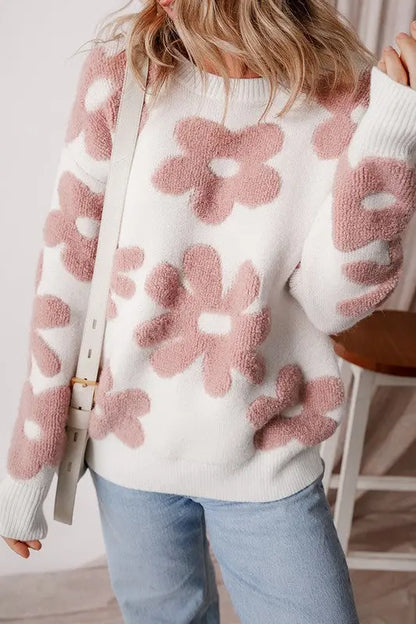 Vintage flower drop shoulder loose sweater for women featuring a relaxed fit and soft knit fabric - front view on female model.