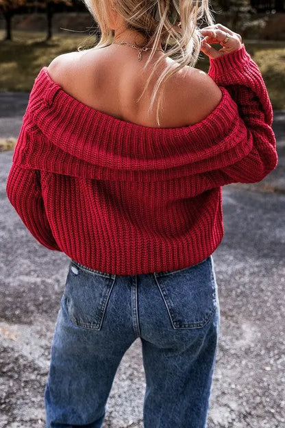 Off shoulder ribbed knit sweater back view in Red on female model posing