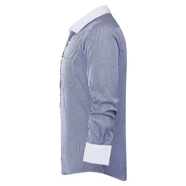 Men’s business casual striped dress shirt detail in navy-white. Side view.
