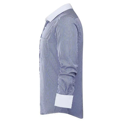 Men’s business casual striped dress shirt detail in navy-white. Side view.