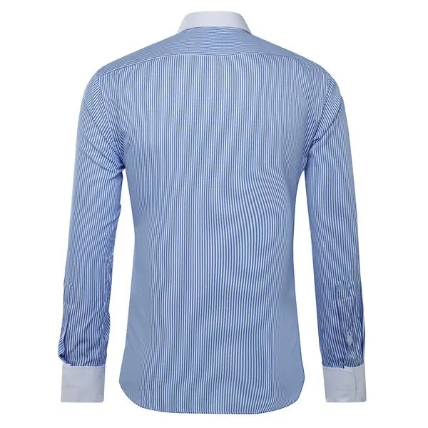 Men’s button-down stripe and check dress shirt back view in light blue-white