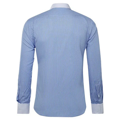 Men’s button-down stripe and check dress shirt back view in light blue-white