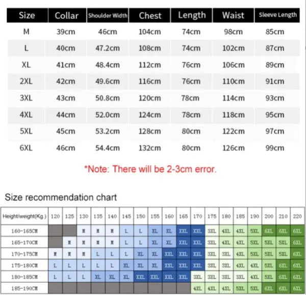 Men’s business casual striped dress shirt size chart.