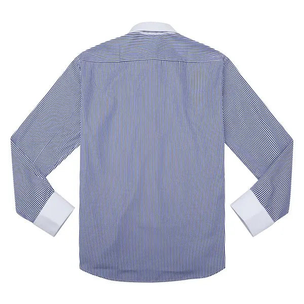 Men’s business casual striped dress shirt detail in navy-white. Back view.