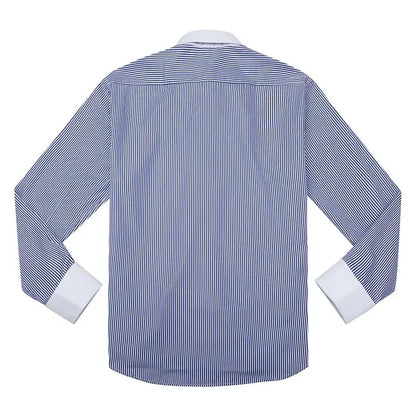 Men’s business casual striped dress shirt detail in navy-white. Back view.