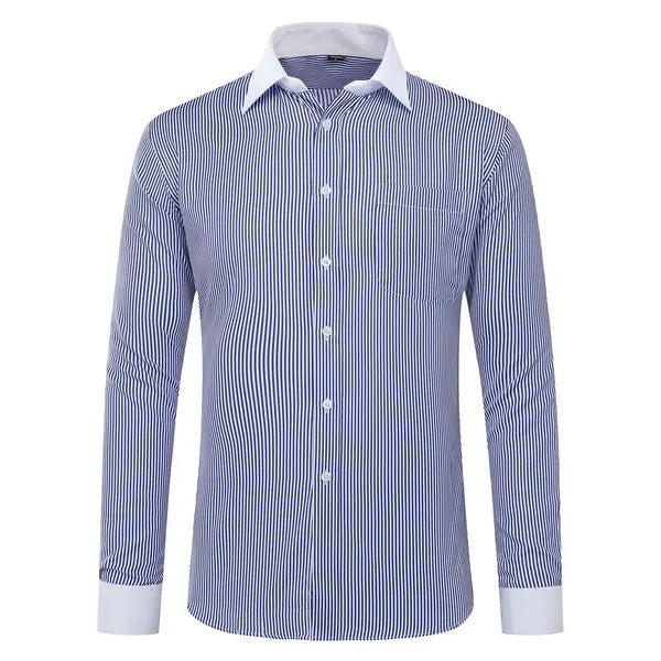 Men’s business casual striped dress shirt detail in navy-white. Front view.