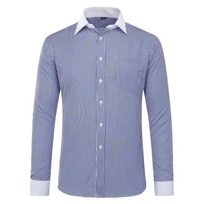 Men’s business casual striped dress shirt detail in navy-white. Front view.