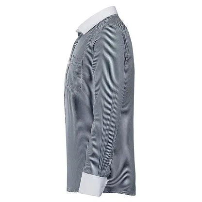 Men’s business casual striped dress shirt detail in black-white. Side view.