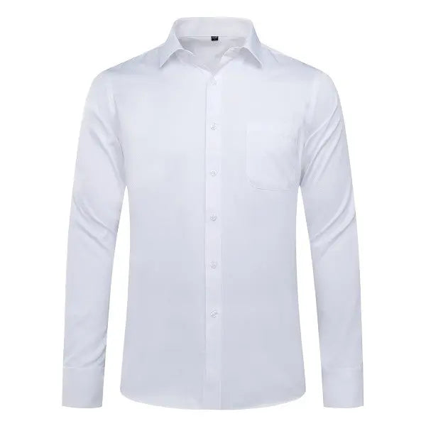 Men’s business casual striped dress shirt detail in white. Front view.