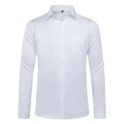 Men’s business casual striped dress shirt detail in white. Front view.