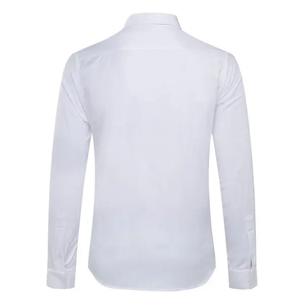 Men’s business casual striped dress shirt detail in navy-white. Back view.