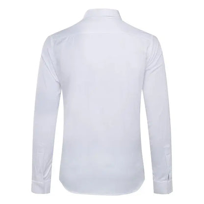 Men’s business casual striped dress shirt detail in navy-white. Back view.