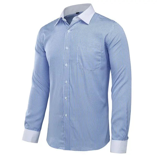 Men’s button-down stripe and check dress shirt slanted view in light blue-white