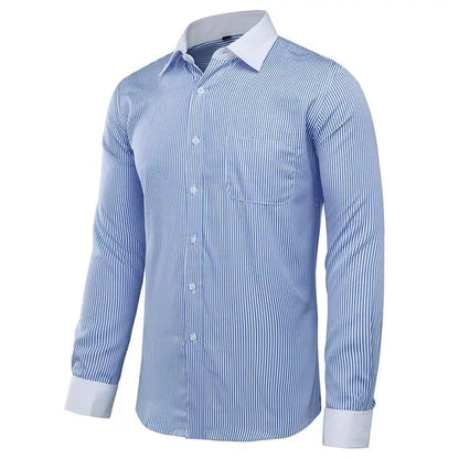 Men’s button-down stripe and check dress shirt slanted view in light blue-white