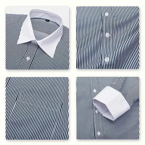 Men’s business casual striped dress shirt detail in black-white - close up detailed view.