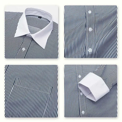 Men’s business casual striped dress shirt detail in black-white - close up detailed view.