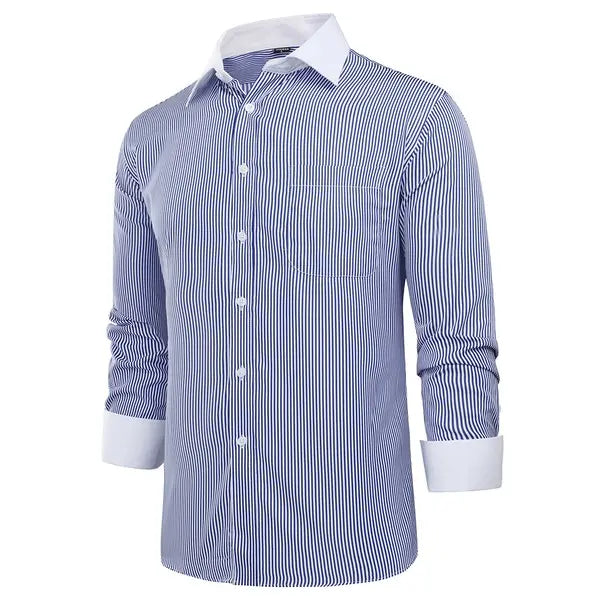 Men’s business casual striped dress shirt detail in navy-white. Slanted view.
