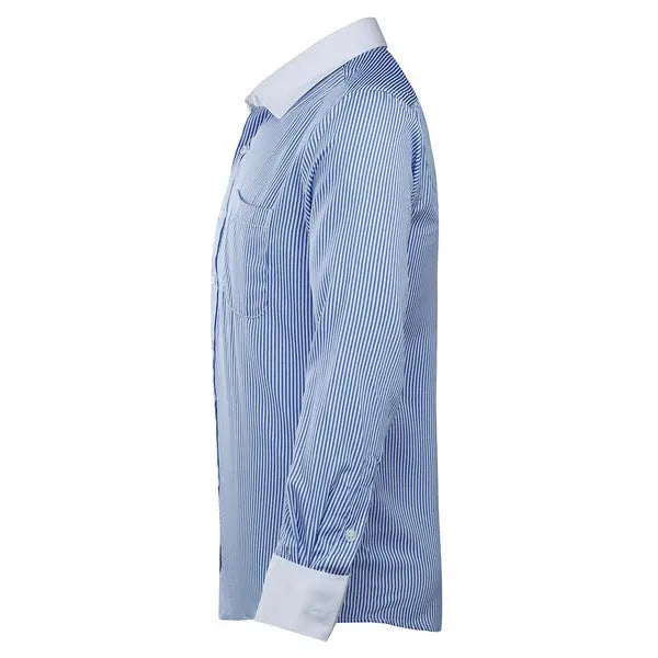 Men’s button-down stripe and check dress shirt side view in light blue-white