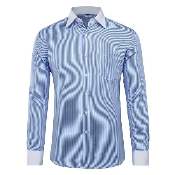 Men’s button-down stripe and check dress shirt front view in light blue-white
