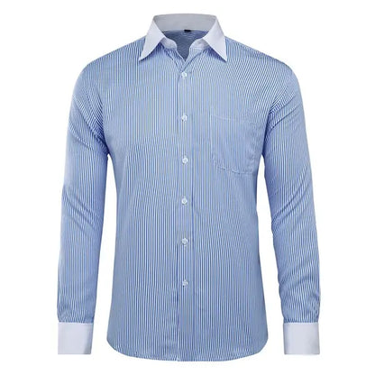 Men’s button-down stripe and check dress shirt front view in light blue-white