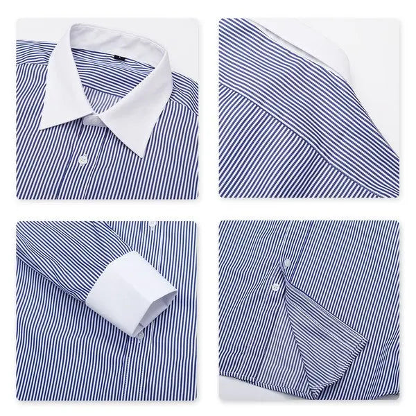 Men’s business casual striped dress shirt detail in navy-white. Close up view.