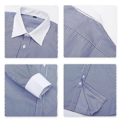 Men’s business casual striped dress shirt detail in navy-white. Close up view.