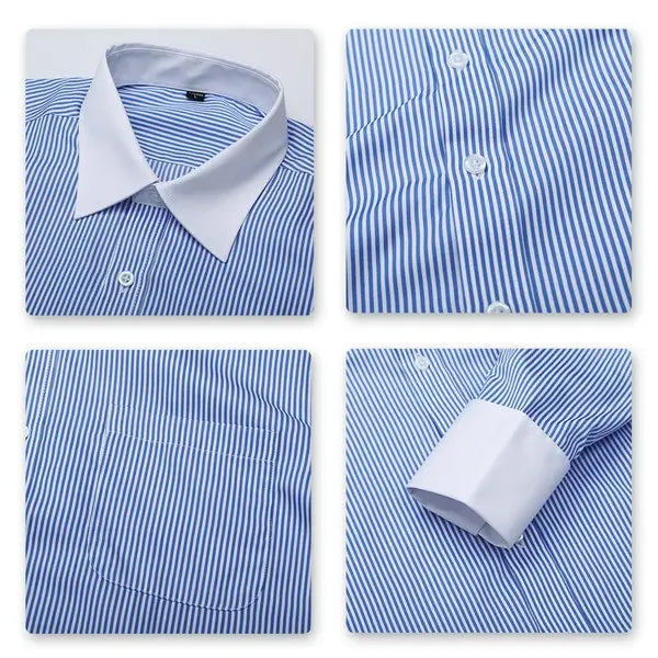 Men’s button-down stripe and check dress shirt front view in light blue-white - close up detailed view