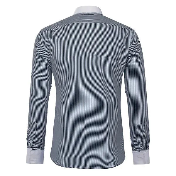 Men’s business casual striped dress shirt detail in black-white. Back view.